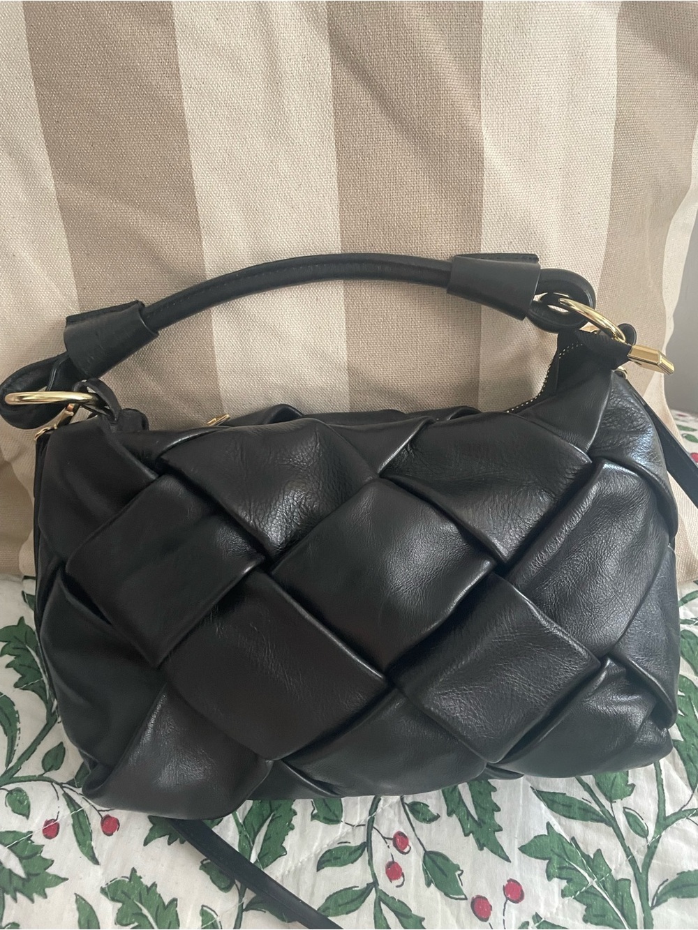 Leather Black Woven Shoulder Bag with Gold Accents Valentina Italy